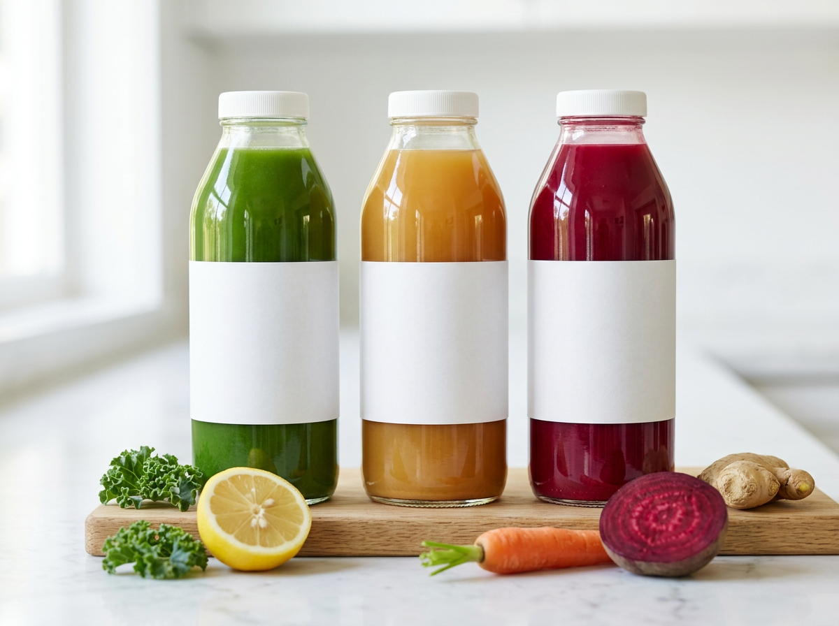 Marin Greens, Golden Hour, and Root Radiance cold-pressed juices in glass bottles on an oak board